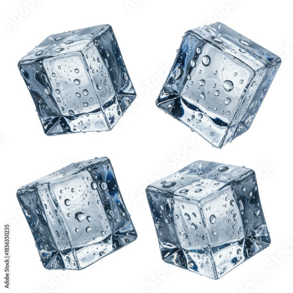 Fototapeta Four distinct, organically shaped ice cubes with intricate water droplets and trapped air bubbles, dramatically lit, floating against a transparent background with copy space, concept for refreshing