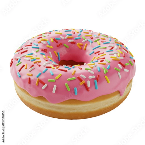 Fototapeta A single, perfectly round donut with glossy pink frosting and vibrant multi-colored sprinkles, golden-brown dough, on a transparent background with copy space. Concept of joyful sweet indulgence and