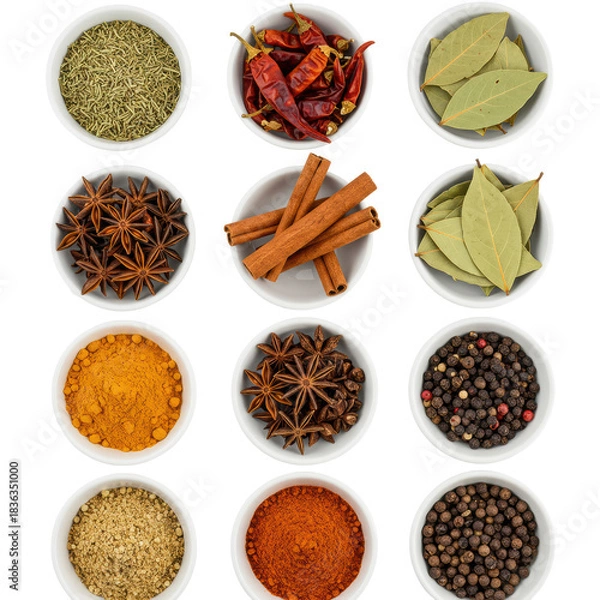 Fototapeta Ten white ceramic bowls meticulously arranged on a transparent background, filled with vibrant spices and dried beans, overhead shot, rich textures. Global culinary exploration concept