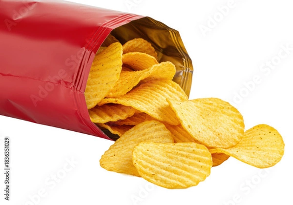 Fototapeta Crispy golden ripple-cut potato chips with visible seasoning overflowing from a vibrant red crinkled snack bag, studio setting, transparent background, close-up, concept for snack food advertising