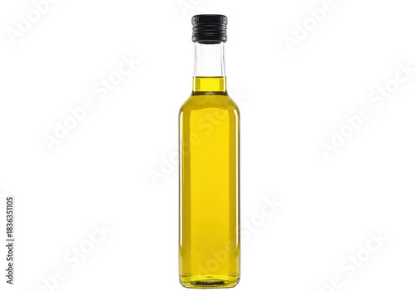 Fototapeta A tall, slender, transparent glass bottle filled with bright, golden-yellow olive oil, sealed with a matte black screw cap, on a crisp white background with copy space, clean product presentation