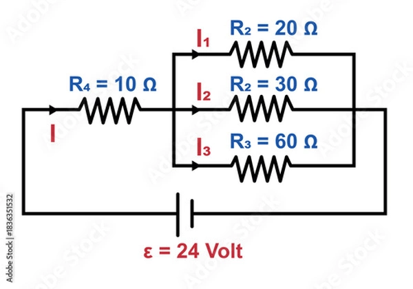 Fototapeta Electrical Circuit Diagram With Resistors And Battery, Parallel Branches, 24 Volt Supply