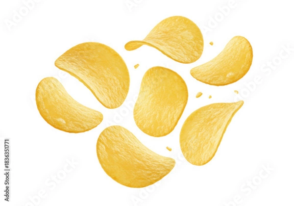 Fototapeta Multiple golden potato chips with crispy texture and oily sheen, gracefully floating in mid-air against a transparent background with copy space, appetizing freshness concept