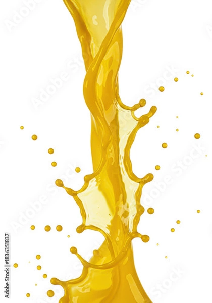 Fototapeta Vibrant yellow, thick, glossy liquid frozen mid-splash, dripping into intricate sculptural shapes with fluid tendrils against a transparent background with copy space, dynamic abstract liquid art
