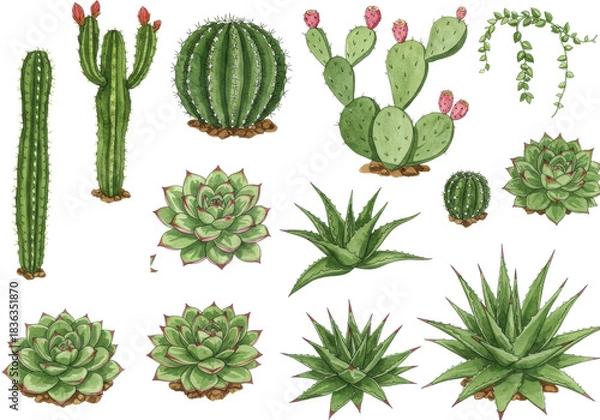 Fototapeta Vibrant watercolor illustrations of various green succulents and cacti: columnar with red blooms, prickly pear with pink fruit, multi-hued Echeveria, isolated on white with copy space. Concept of