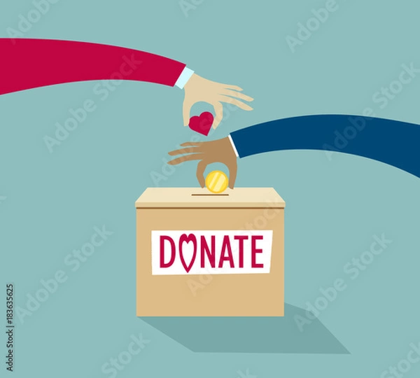 Obraz Hands puting coin and hearth into donation box