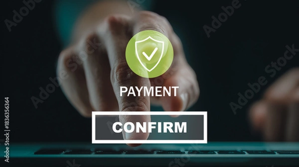 Fototapeta Secure payment confirmation with finger pressing confirm button digitally.