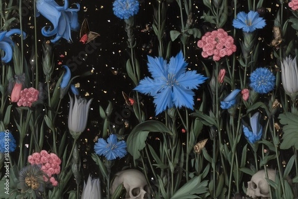 Obraz Skulls hidden among blooming flowers