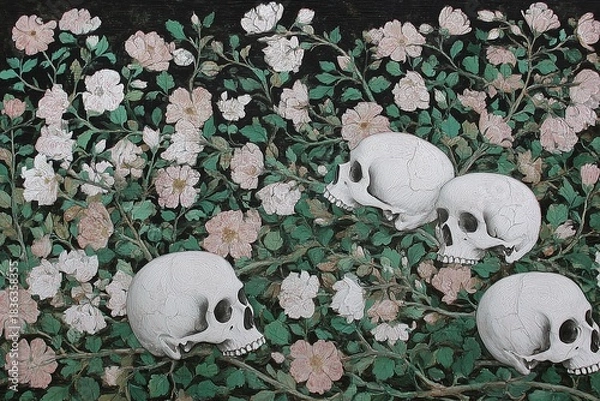 Obraz Skulls among blooming flowers