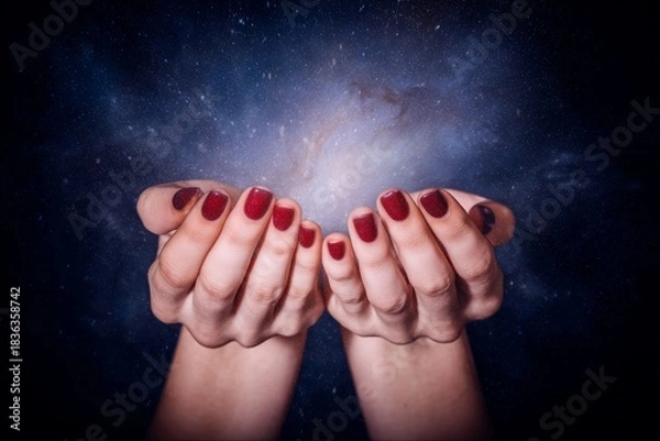 Obraz Red-nailed hands lifting cosmic light