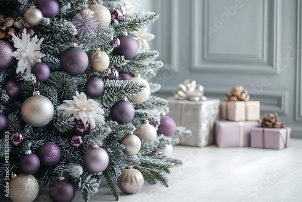 Fototapeta Flocked Christmas tree decorating with frosted purple and silver ornaments, creating a festive holiday atmosphere with wrapped gifts on the floor for seasonal celebration