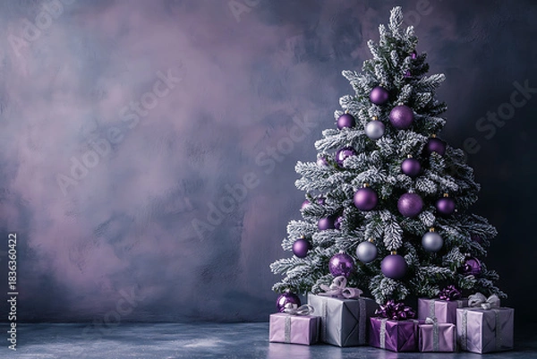 Fototapeta Christmas tree on textured floor with purple and silver baubles and frosty snow, surrounded by wrapped presents; festive holiday scene with copy space left for greeting text