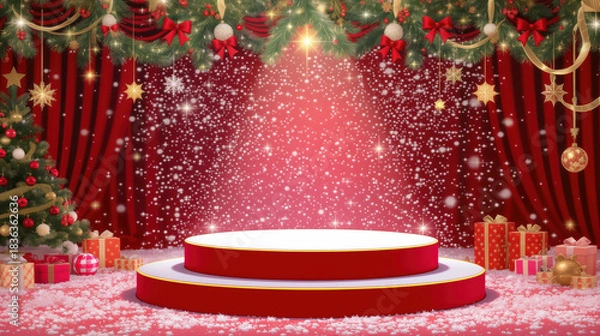 Fototapeta A beautifully decorated stage features red curtains, twinkling lights, and a snowy floor, creating a warm holiday atmosphere perfect for performances or gatherings during the festive season