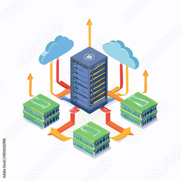 Fototapeta Isometric cloud computing network infrastructure illustration.