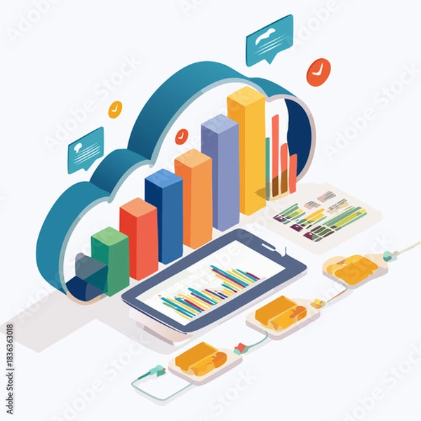 Fototapeta Isometric Cloud Computing Data Analysis Illustration.