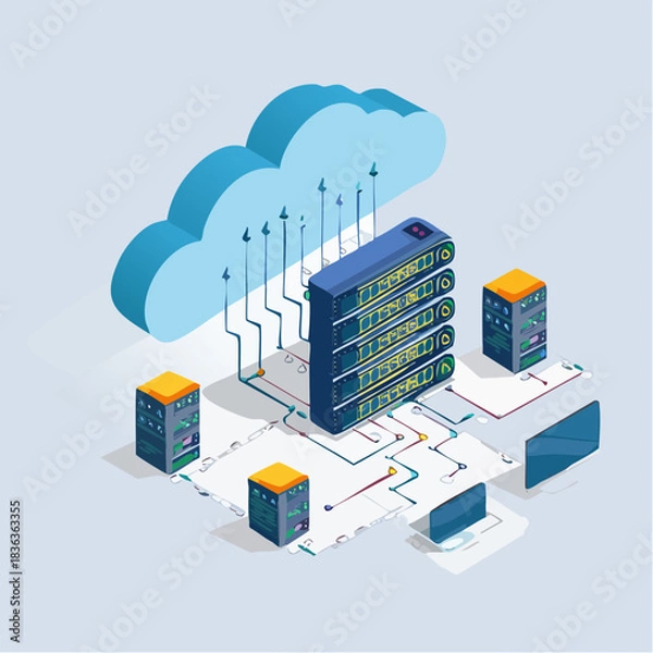 Fototapeta Isometric Cloud Computing and Data Servers.