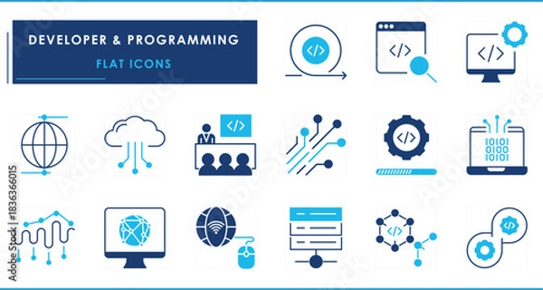 Fototapeta A set of flat icons related to Developer and Programming. Develop, programming, coding, cloud, training, computer, network, and so on.