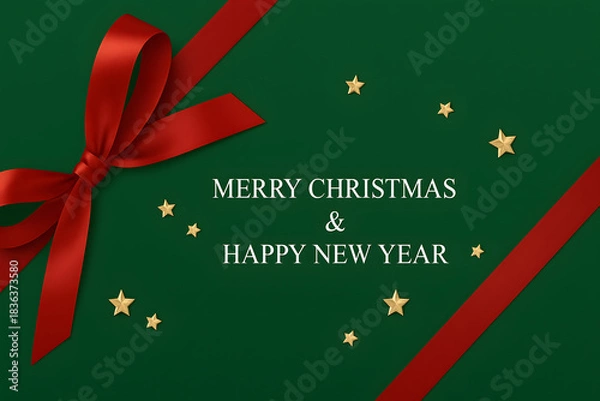 Fototapeta 緑の背景と赤いリボンのクリスマスカード メッセージ入り装飾デザイン