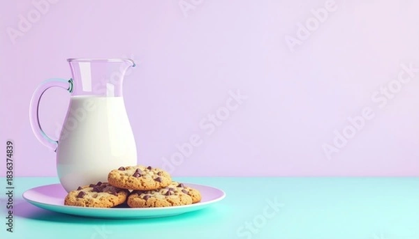 Fototapeta Milk pitcher and chocolate chip cookies on a plate.