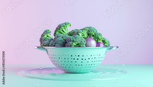 Fototapeta Fresh Broccoli Florets in a Colander with Vibrant Neon Lighting.