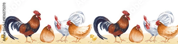 Fototapeta Horizontal seamless curb with painted sitting and standing on the sand. Watercolor illustration of a poultry yard on an isolated background. Realistic brown hens, white and dark roosters and chickens