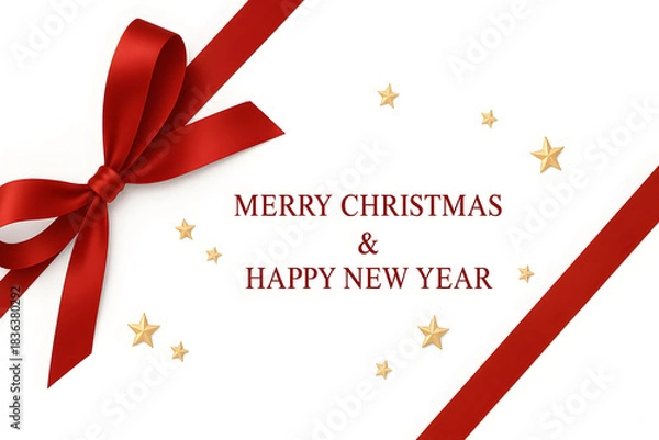Fototapeta クリスマス, 新年, メリークリスマス, ハッピーニューイヤー, 緑の背景, 赤いリボン, ギフトラッピング, プレゼント, フェスティブ, 装飾, ゴールドスター, 星, お祝い, リボン, 弓, 高級感, テクスチャー背景, シーズン, 冬, グリーティングカード, メッセージカード, 祝福, バナー, デザインテンプレート, 横長, ホリデーシーズン, おしゃれ, モダン, 伝統, 贈り物,