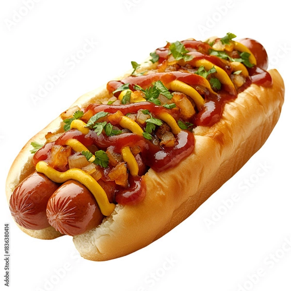 Obraz Loaded hot dog on a bun isolated image