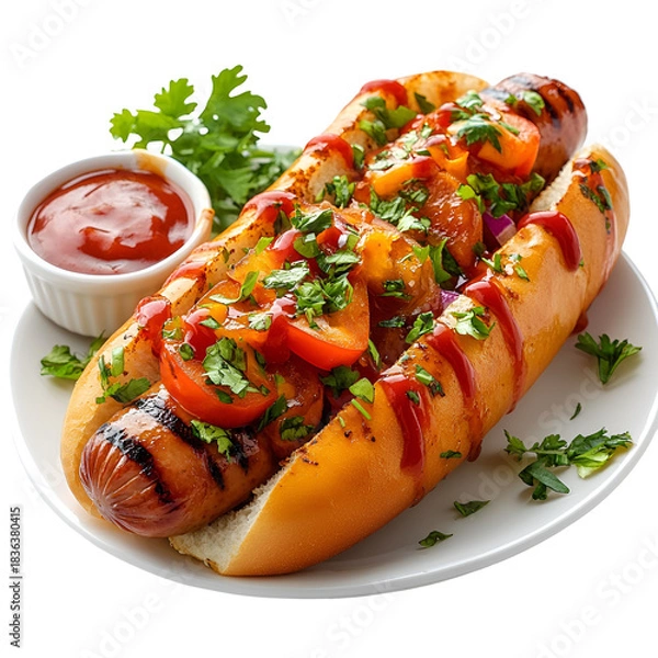 Obraz Loaded hot dog sandwich with toppings
