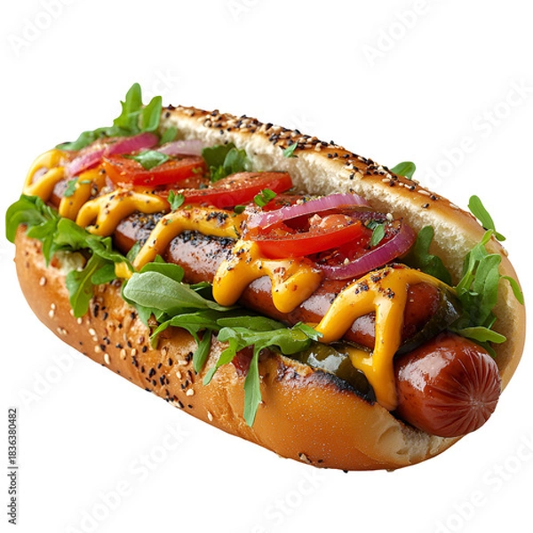 Obraz Loaded hot dog with toppings on bun