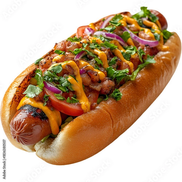 Obraz Loaded hot dog with toppings transparent background