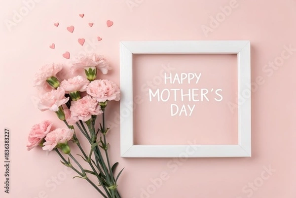 Fototapeta Elegant mothers day still life with carnations and picture frame