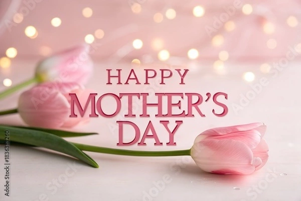 Fototapeta Happy mother s day with pink tulips and bokeh lights background