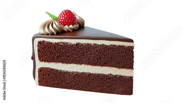 Fototapeta Chocolate Cake Slice with Raspberry and Cream on White