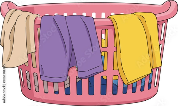 Fototapeta Vector illustration of a pink laundry basket filled with clothes and garments draped over the sides, perfect for home and chore themes.