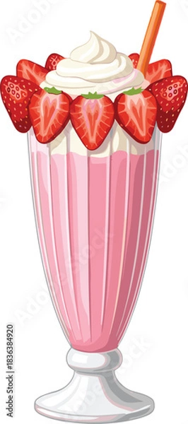 Fototapeta Vector illustration of a pink strawberry milkshake topped with whipped cream and fresh strawberries in a tall glass dessert cup.