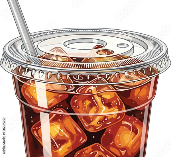 Fototapeta Vector illustration of an iced soda drink in a clear plastic cup with straw and ice cubes, perfect for beverage and menu designs.