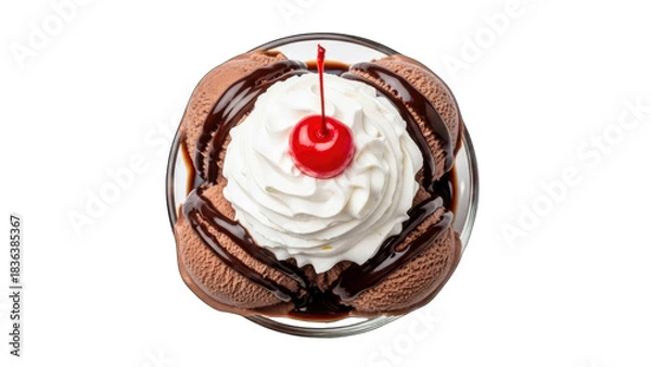 Fototapeta Chocolate Ice Cream Sundae with Whipped Cream and Cherry