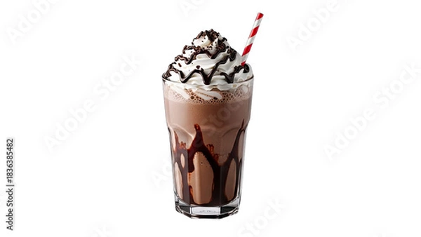 Fototapeta Chocolate Milkshake with Whipped Cream and Straw on White