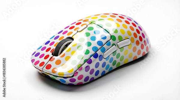 Fototapeta A stylish, ergonomic wireless computer mouse featuring a vivid array of multi-colored polka dots, providing a fun and modern input device for work or creative play