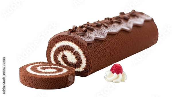 Fototapeta Chocolate Swiss Roll Cake with Raspberry and Whipped Cream