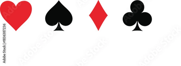 Fototapeta Vector illustration of classic playing card suit symbols including heart, spade, diamond, and club, perfect for casino and game designs.