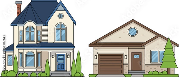 Fototapeta Vector illustration of two residential houses, including a modern single-story home and a classic two-story house with detailed architecture.