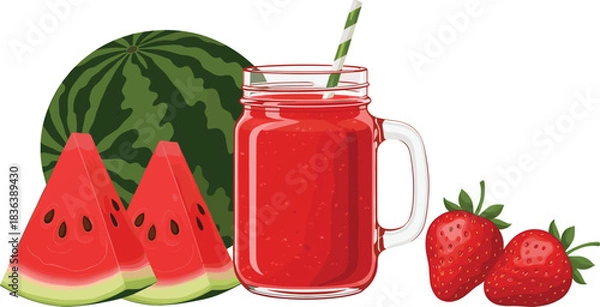 Fototapeta Vector illustration of watermelon and strawberries with a refreshing red fruit juice in a mason jar, perfect for summer and beverage designs.
