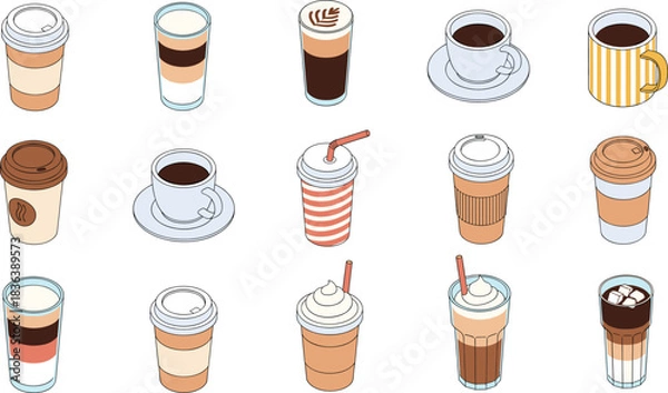 Fototapeta Vector illustration set of assorted coffee drinks including lattes, cappuccinos, iced coffees, to-go cups, and mugs in various styles.