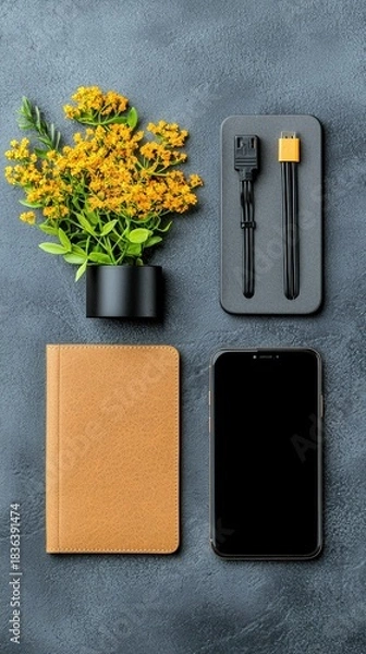 Fototapeta Smartphone, Notebook, Flowers, Cables on Gray Background