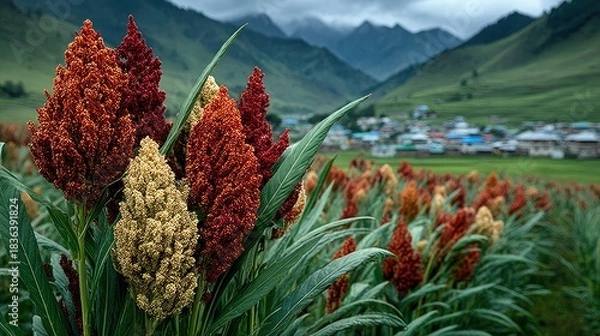 Fototapeta Sorghum Field in Bloom with Village and Mountains