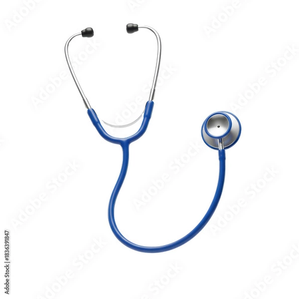 Fototapeta A modern blue medical stethoscope with polished silver steel floating isolated on a transparent background, concept of modern healthcare technology