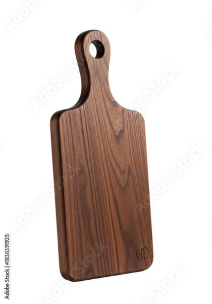 Fototapeta A dark brown walnut hardwood cutting board with an ergonomic handle, isolated on a transparent seamless background. Concept of high-quality craftsmanship