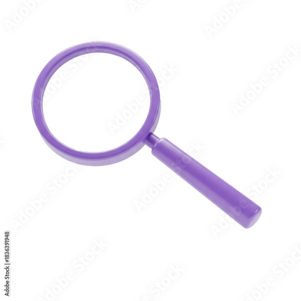 Fototapeta hyper-realistic 3d render close-up of a vibrant purple-handled magnifying glass with a chrome bezel, pristine optical lens, floating on a white background concept of search and investigation