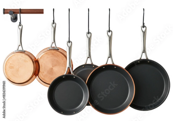 Fototapeta Premium copper frying pans, skillets, and crepe pans hanging on racks against a transparent background. Concept for high-end culinary advertising